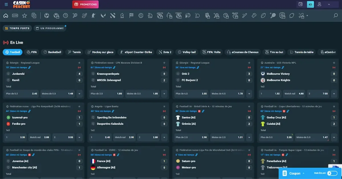 Paris sportifs en direct sur Casino Peaches, avec matchs de football, eSport, tennis et plus