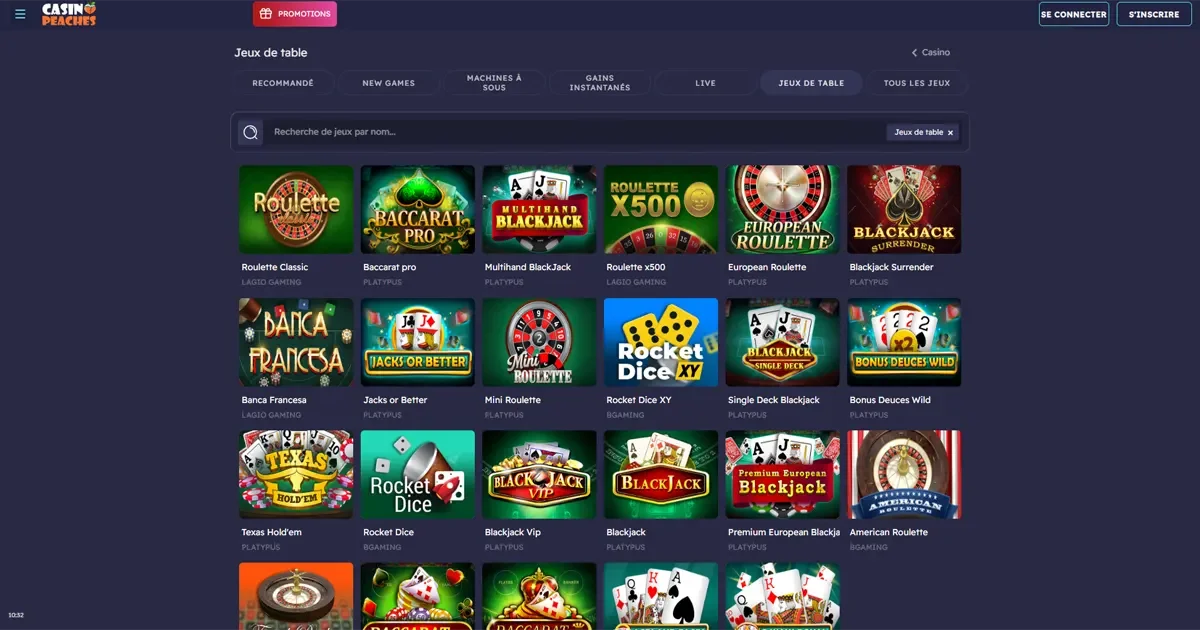 Jeux de table sur Casino Peaches incluant blackjack, roulette, baccarat et poker