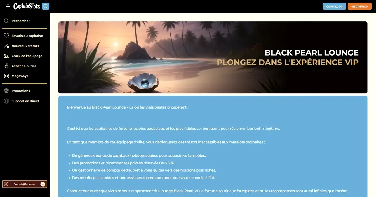 Page VIP Black Pearl Lounge du casino en ligne CaptainSlots avec plage tropicale et perle noire