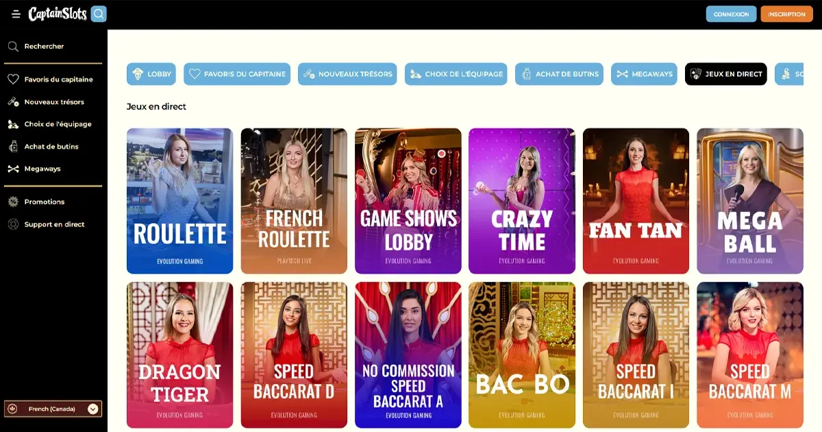 Section jeux en direct du casino en ligne CaptainSlots avec roulette, baccarat, game shows et autres tables en live