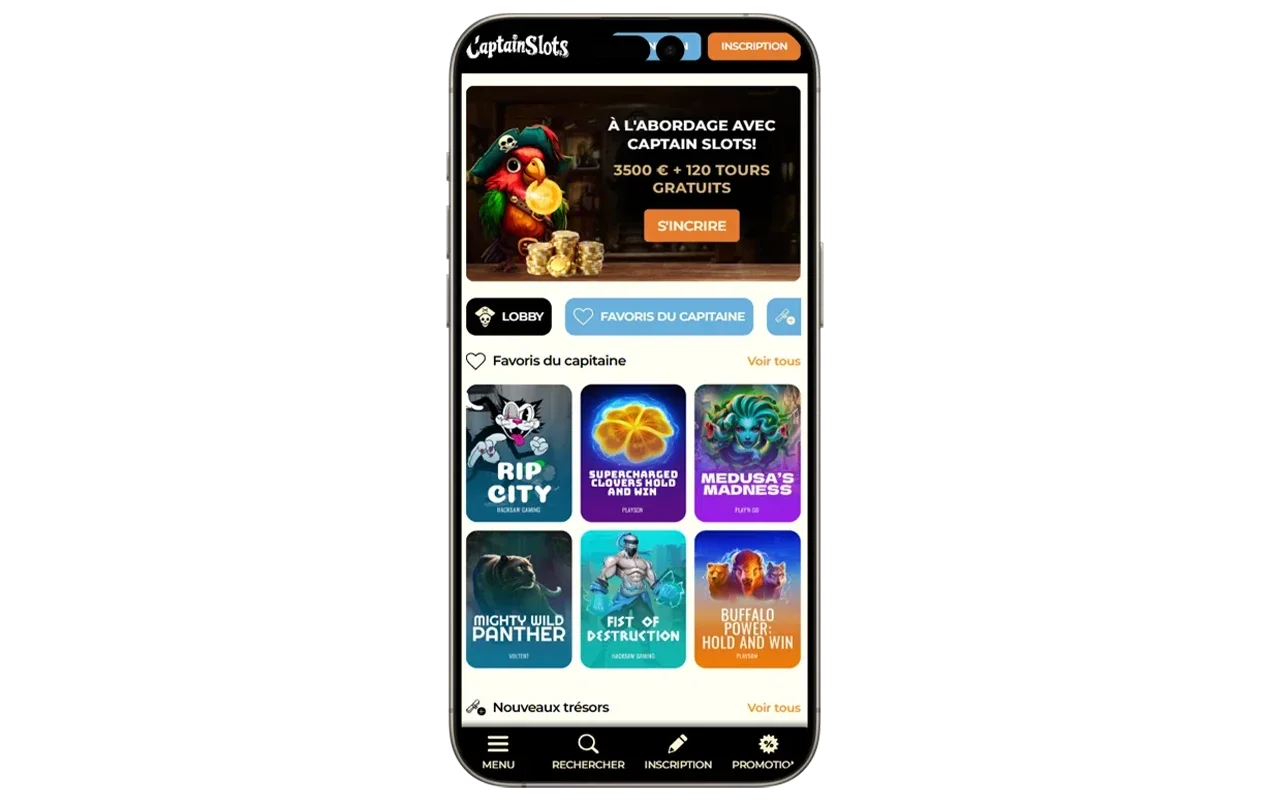 Version mobile du site du casino en ligne CaptainSlots avec banni&egrave;re promotionnelle et machines &agrave; sous populaires