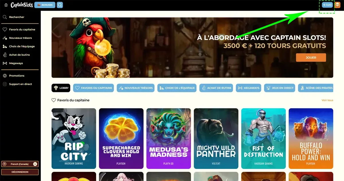 Interface du casino en ligne CaptainSlots avec solde affich&eacute;, promotions et machines &agrave; sous populaires