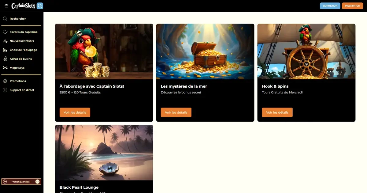 Page des promotions du casino en ligne CaptainSlots avec offres bonus, tours gratuits et th&egrave;mes pirates