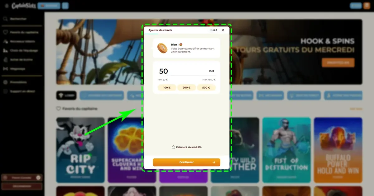 Fen&ecirc;tre de d&eacute;p&ocirc;t sur CaptainSlots avec saisie du montant et options de paiement s&eacute;curis&eacute;