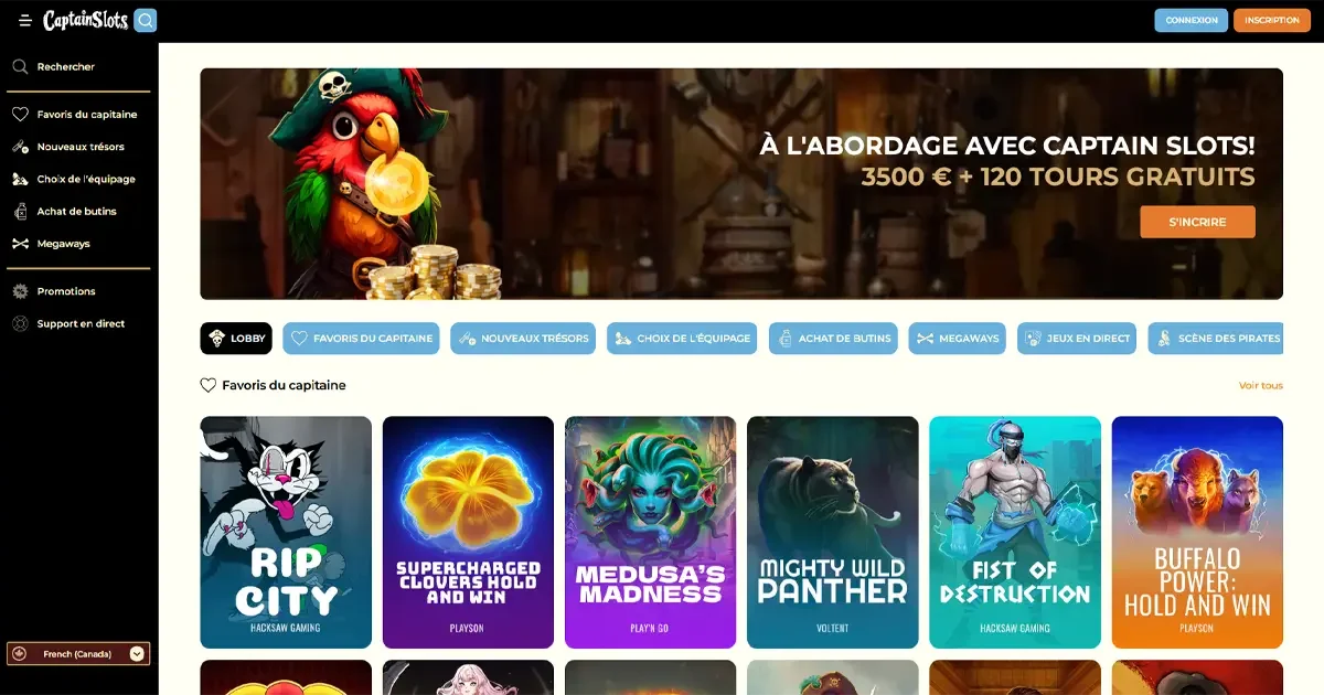 Page d&rsquo;accueil du casino en ligne CaptainSlots avec promotions, jeux populaires et interface pirate