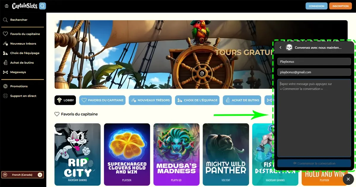 Fen&ecirc;tre de chat en direct ouverte sur le site du casino en ligne CaptainSlots
