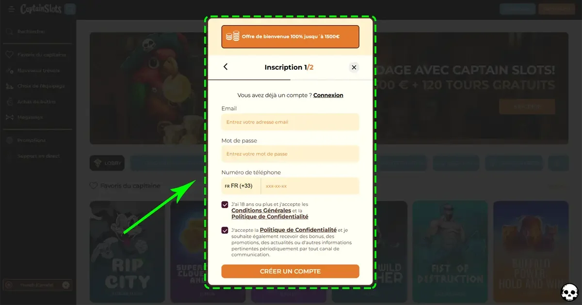 Formulaire d&rsquo;inscription au casino en ligne CaptainSlots avec offre de bienvenue et champs &agrave; remplir