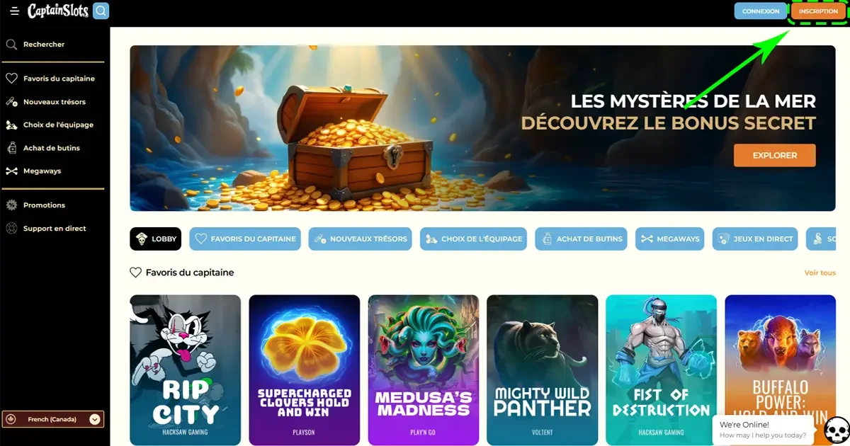 Page d&rsquo;accueil du casino en ligne CaptainSlots avec banni&egrave;re bonus et bouton d&rsquo;inscription en surbrillance
