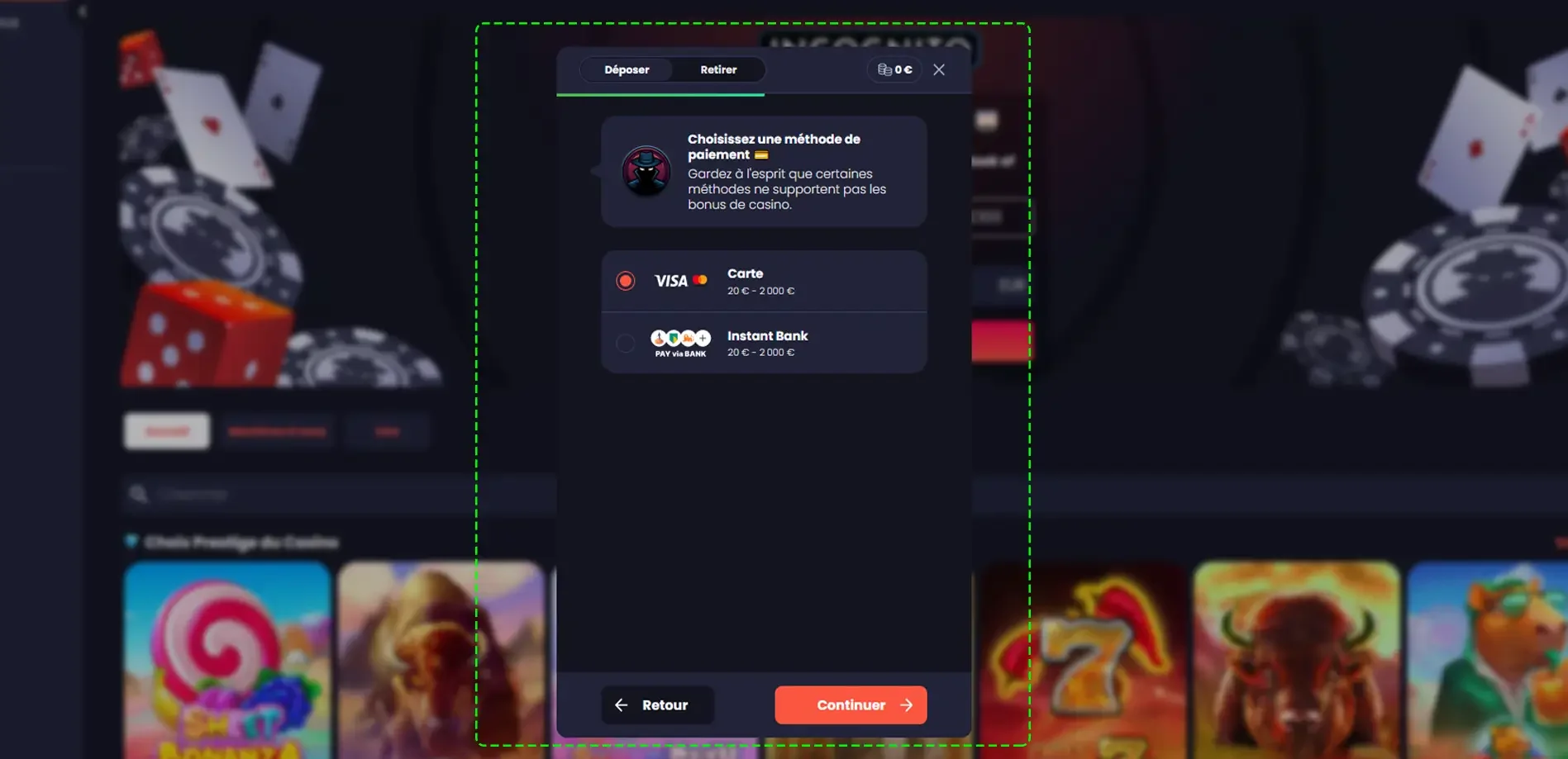 Choix de la m&eacute;thode de paiement incognito casino