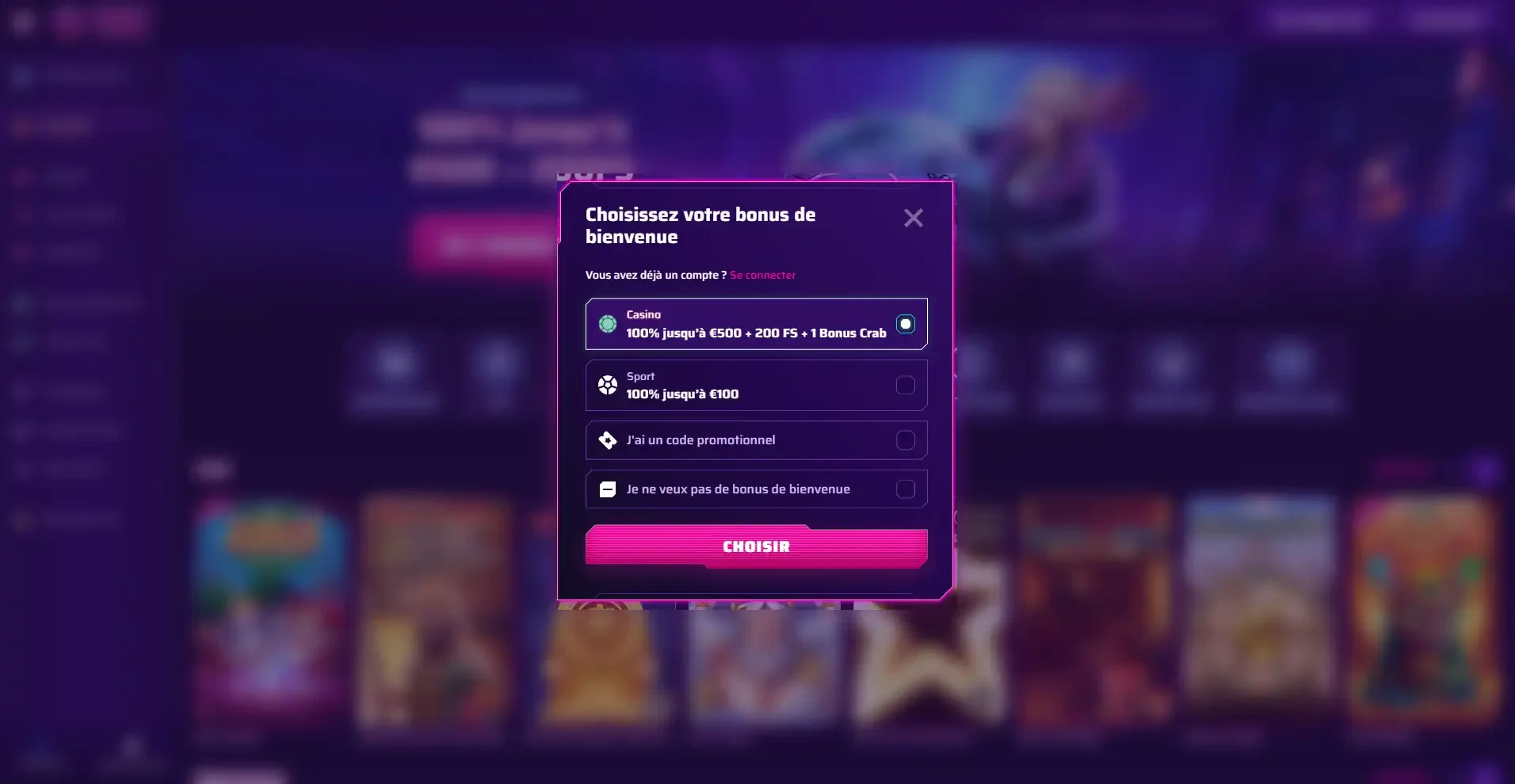 Selection du bonus sur le casino en ligne RobyCasino