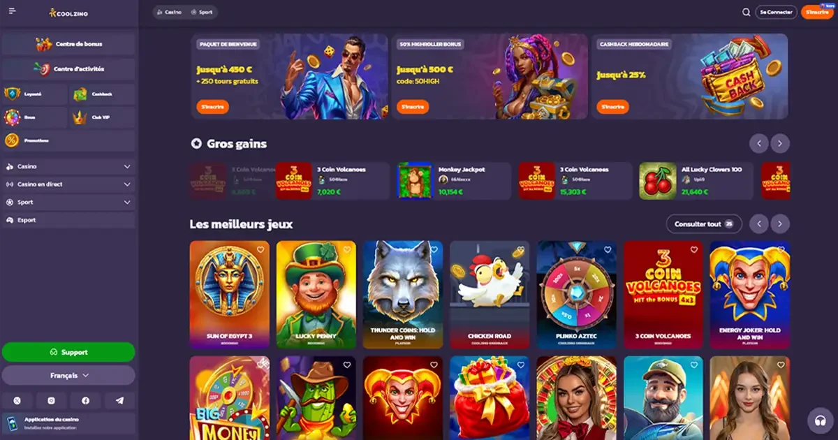Page d&rsquo;accueil de Coolzino Casino avec bonus de bienvenue jusqu&rsquo;&agrave; 450 &euro;, 250 free spins, cashback hebdomadaire et jeux comme Sun of Egypt, Chicken Road et Energy Joker