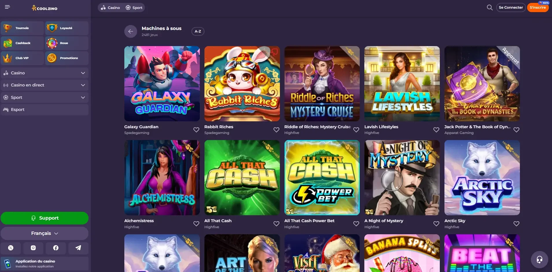 S&eacute;lection de machines &agrave; sous chez Coolzino Casino avec jeux comme Galaxy Guardian, Rabbit Riches, All That Cash et Arctic Sky