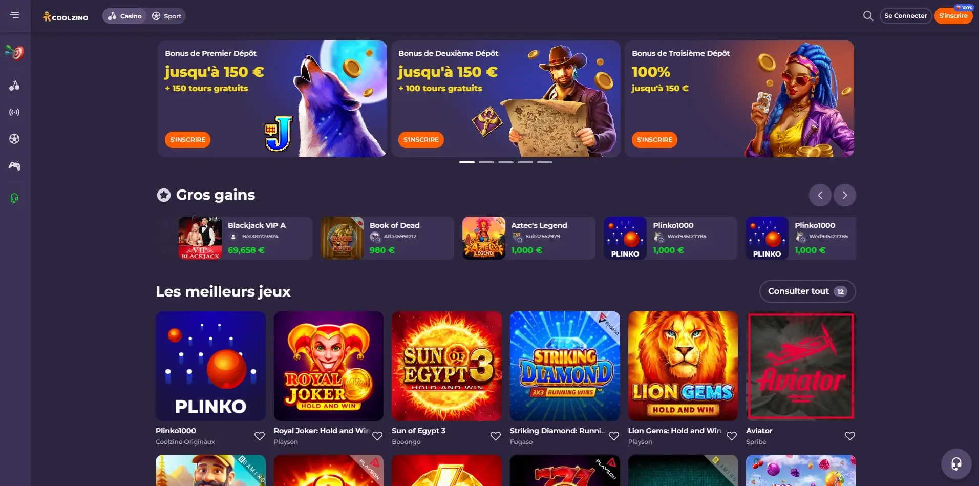 Page d&rsquo;accueil de Coolzino Casino avec bonus de d&eacute;p&ocirc;t jusqu&rsquo;&agrave; 150 &euro; et 150 tours gratuits, jeux populaires comme Plinko, Royal Joker et Aviator