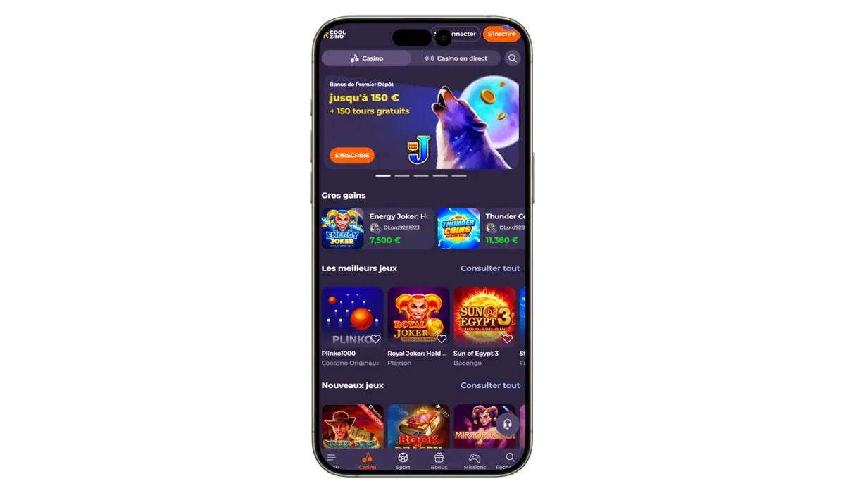 Aper&ccedil;u mobile de Coolzino montrant le bonus de bienvenue, les gros gains et les jeux de casino populaires comme Plinko et Sun of Egypt 3