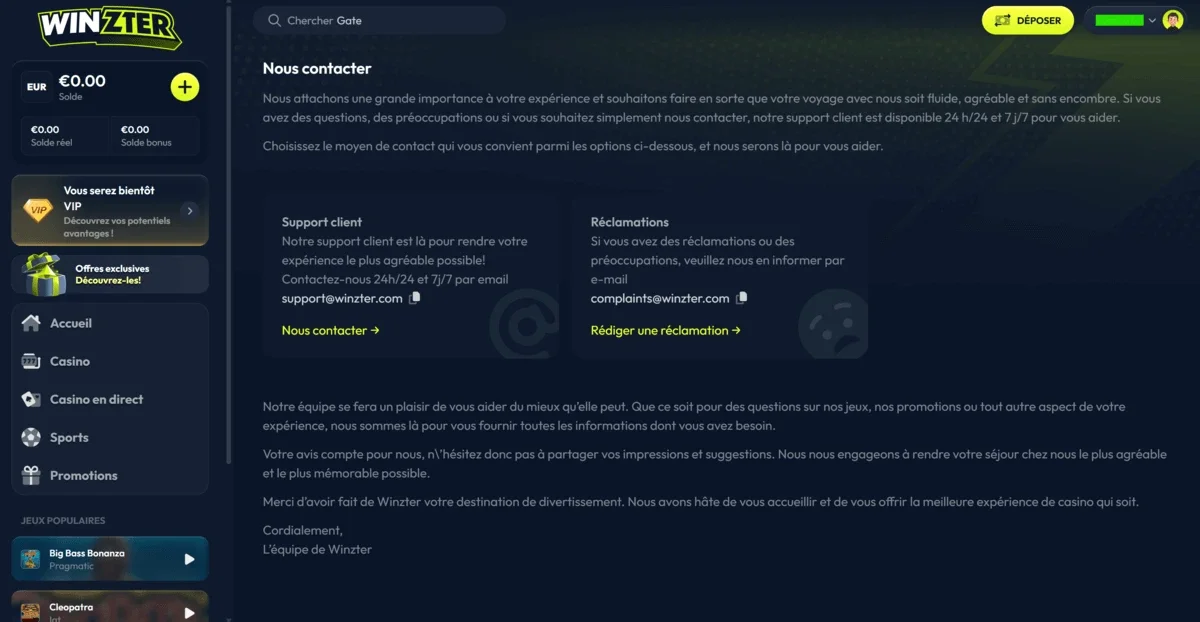Page Nous contacter de Winzter affichant le support client, l&rsquo;adresse email et la section r&eacute;clamations