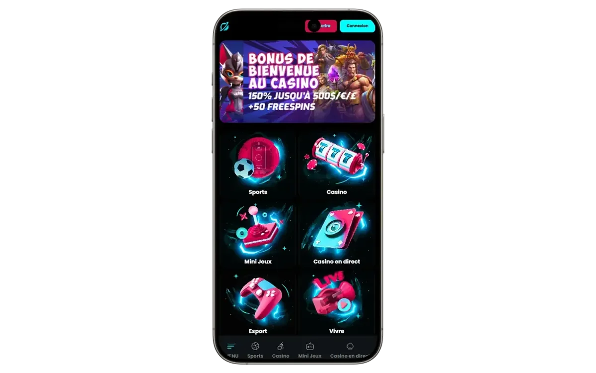 Interface mobile de Cosmobet avec bonus de bienvenue et acc&egrave;s rapide aux jeux de casino, sports, mini-jeux et live casino
