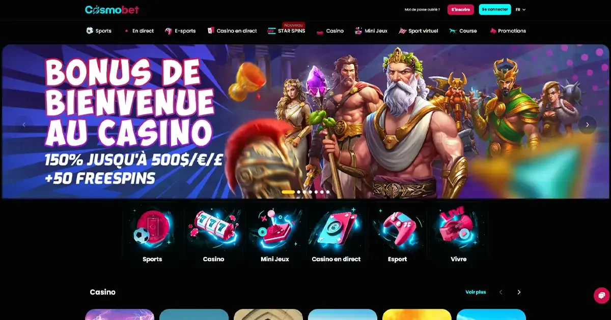 Banni&egrave;re du bonus de bienvenue Cosmobet avec 150 % jusqu&rsquo;&agrave; 500 &euro; et 50 free spins