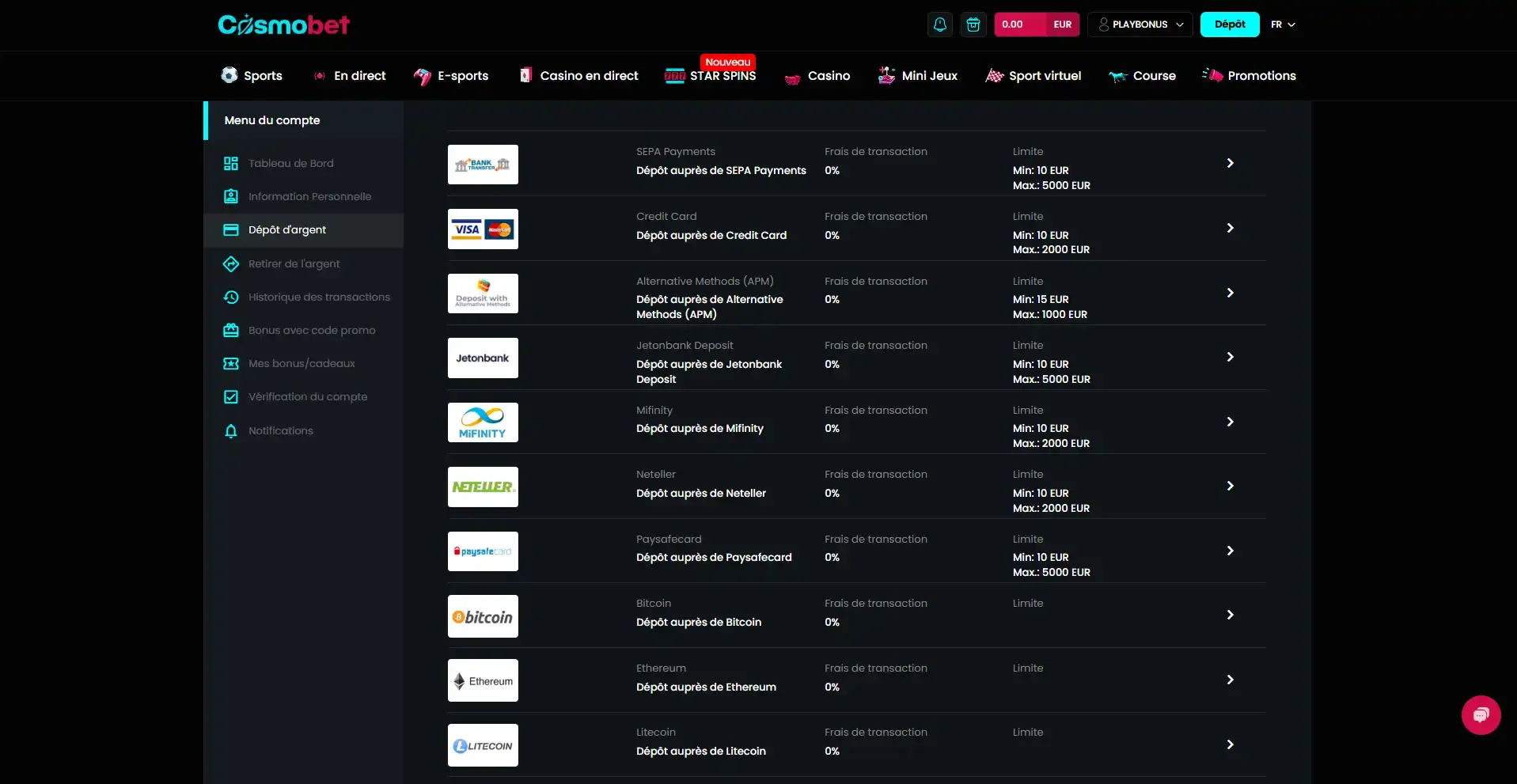 Widget de d&eacute;pot cosmobet
