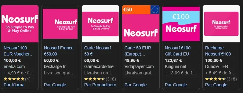 Diff&eacute;rents sites proposant la vente de coupon Neosurf &agrave; l'achat
