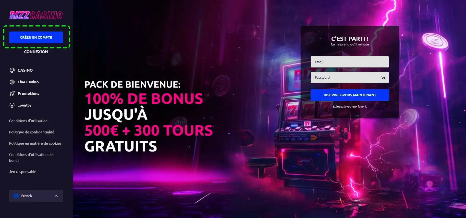 Bouton cr&eacute;ation compte rizz casino