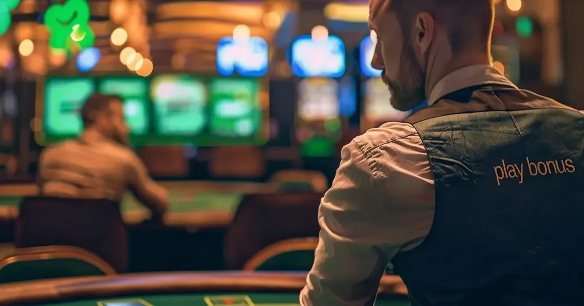 Croupier dans un casino en ligne avec le logo PlayBonus visible sur son dos, machines &agrave; sous en arri&egrave;re-plan