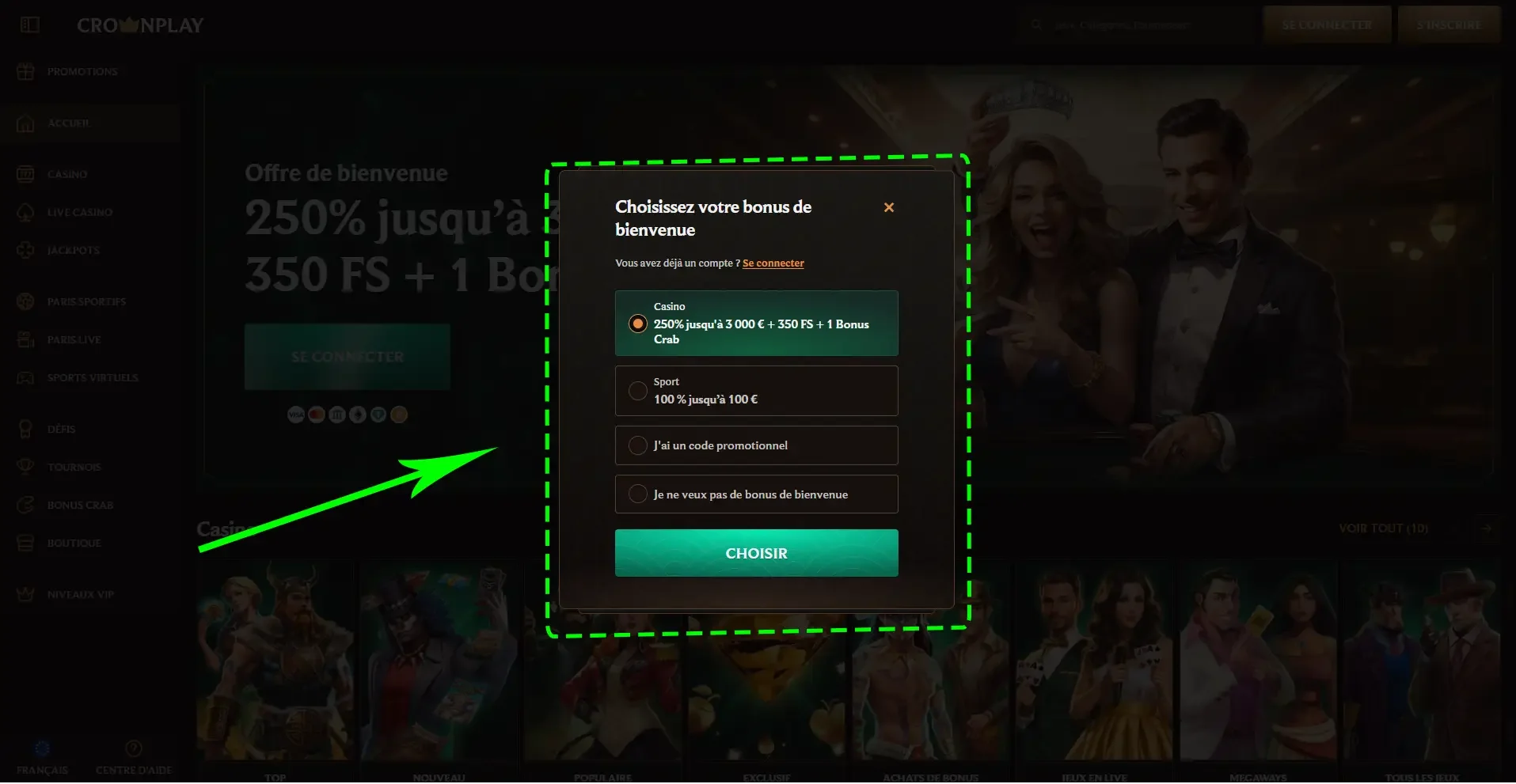 Fen&ecirc;tre de s&eacute;lection du bonus de bienvenue sur CrownPlay Casino avec choix entre bonus casino, bonus sport, code promo ou sans bonus.