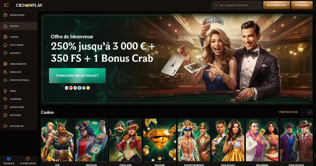 Page d&rsquo;accueil de CrownPlay Casino avec offre de bienvenue 250 % et 350 free spins
