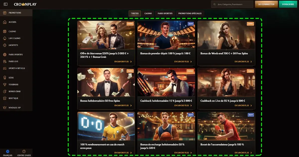 Aper&ccedil;u des promotions CrownPlay Casino avec bonus de d&eacute;p&ocirc;t, cashback et free spins