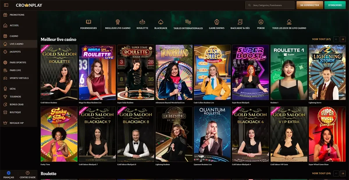 Jeux de live casino sur CrownPlay avec roulette, blackjack et game shows en direct et s&eacute;lection des meilleures tables anim&eacute;es par croupiers professionnels.