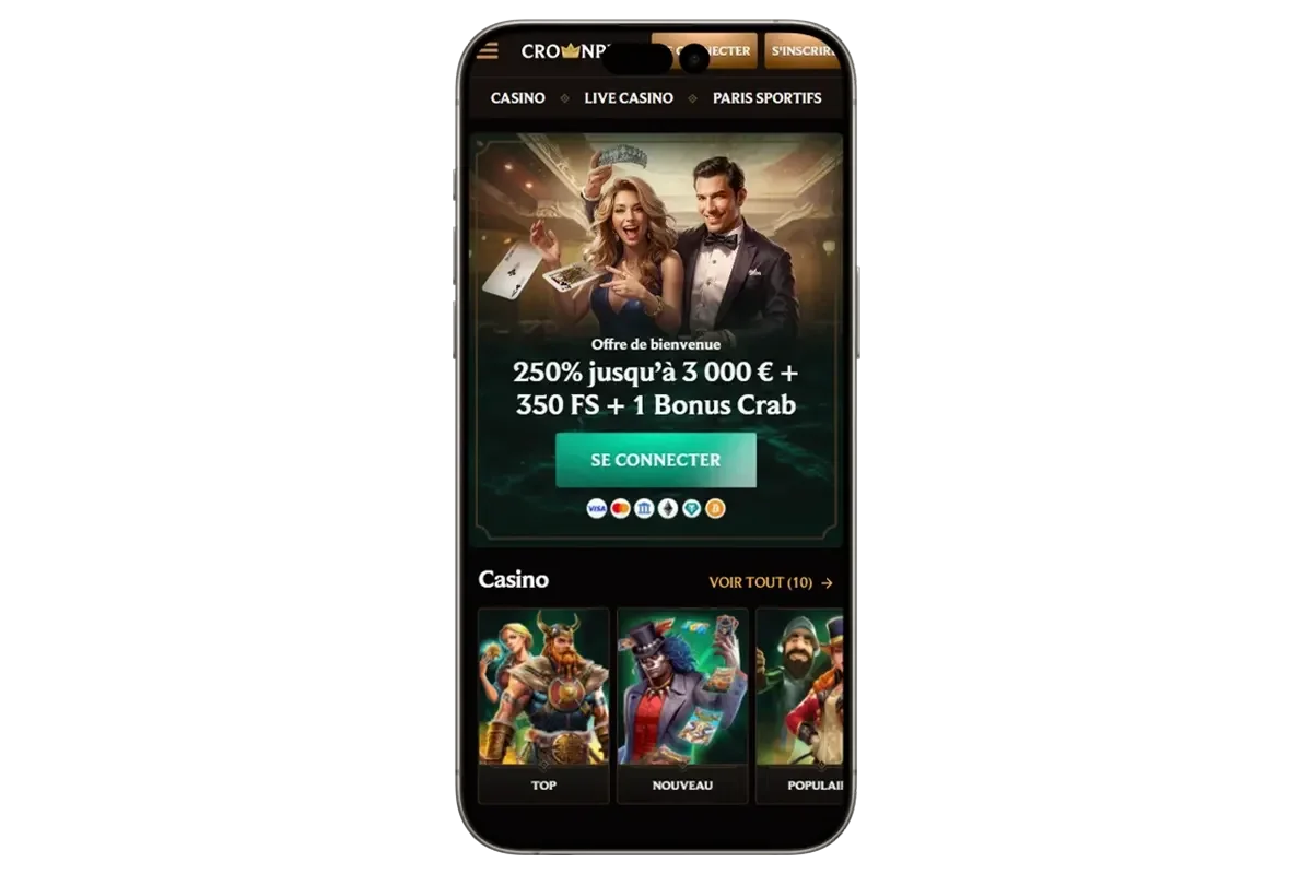Version mobile de CrownPlay Casino affichant l&rsquo;offre de bienvenue jusqu&rsquo;&agrave; 3 000 &euro; et l&rsquo;interface avec les jeux populaires.