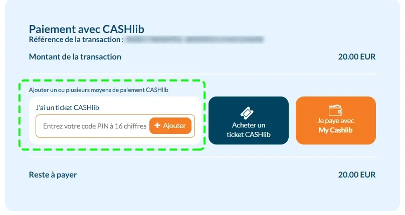 Fen&ecirc;tre de d&eacute;p&ocirc;t cashlib sur Madcasino