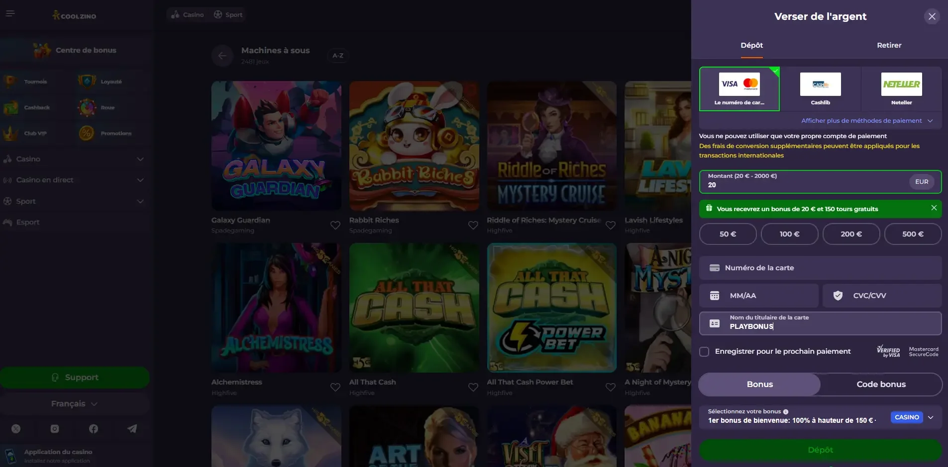 Formulaire de d&eacute;p&ocirc;t sur le casino Coolzino avec s&eacute;lection de bonus et m&eacute;thodes de paiement