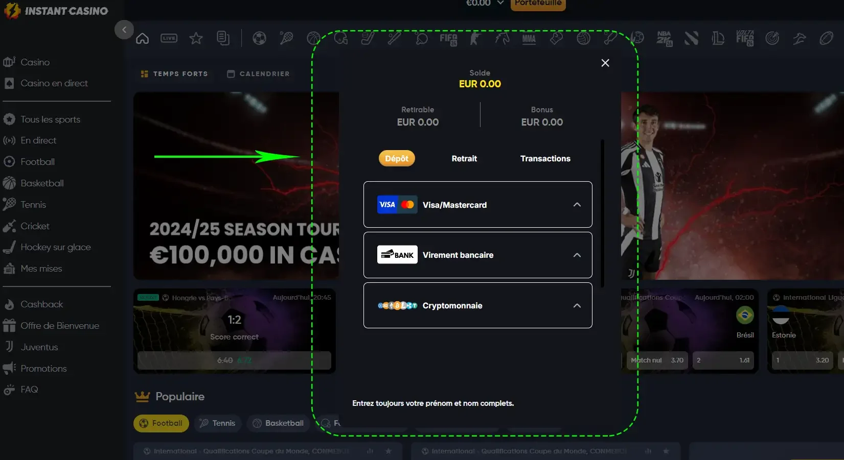 M&eacute;thodes de d&eacute;p&ocirc;t sur Instant Casino avec Visa, virement bancaire et cryptomonnaie