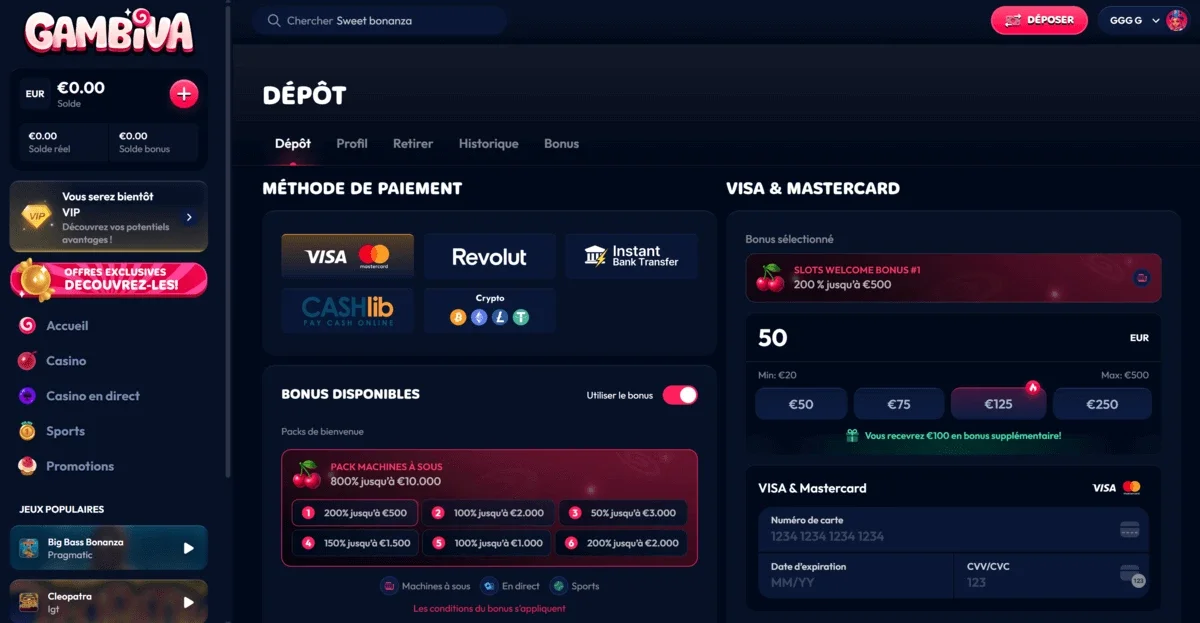 Page de d&eacute;pot du casino en ligne Gambiva