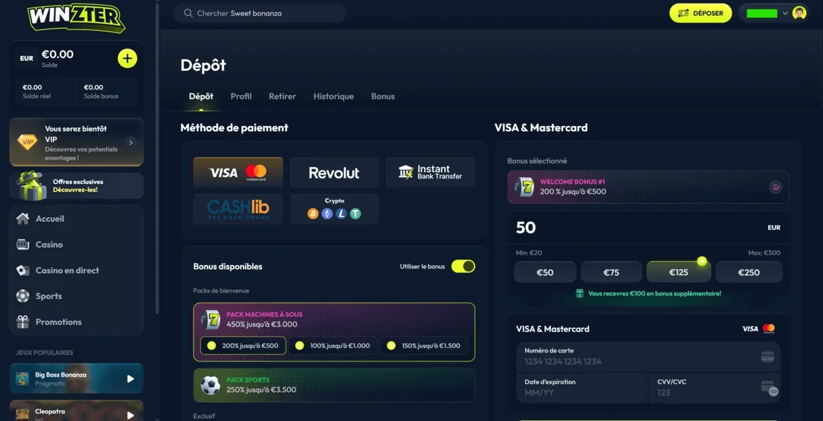 Page pour d&eacute;poser sur le casino en ligne Winzter