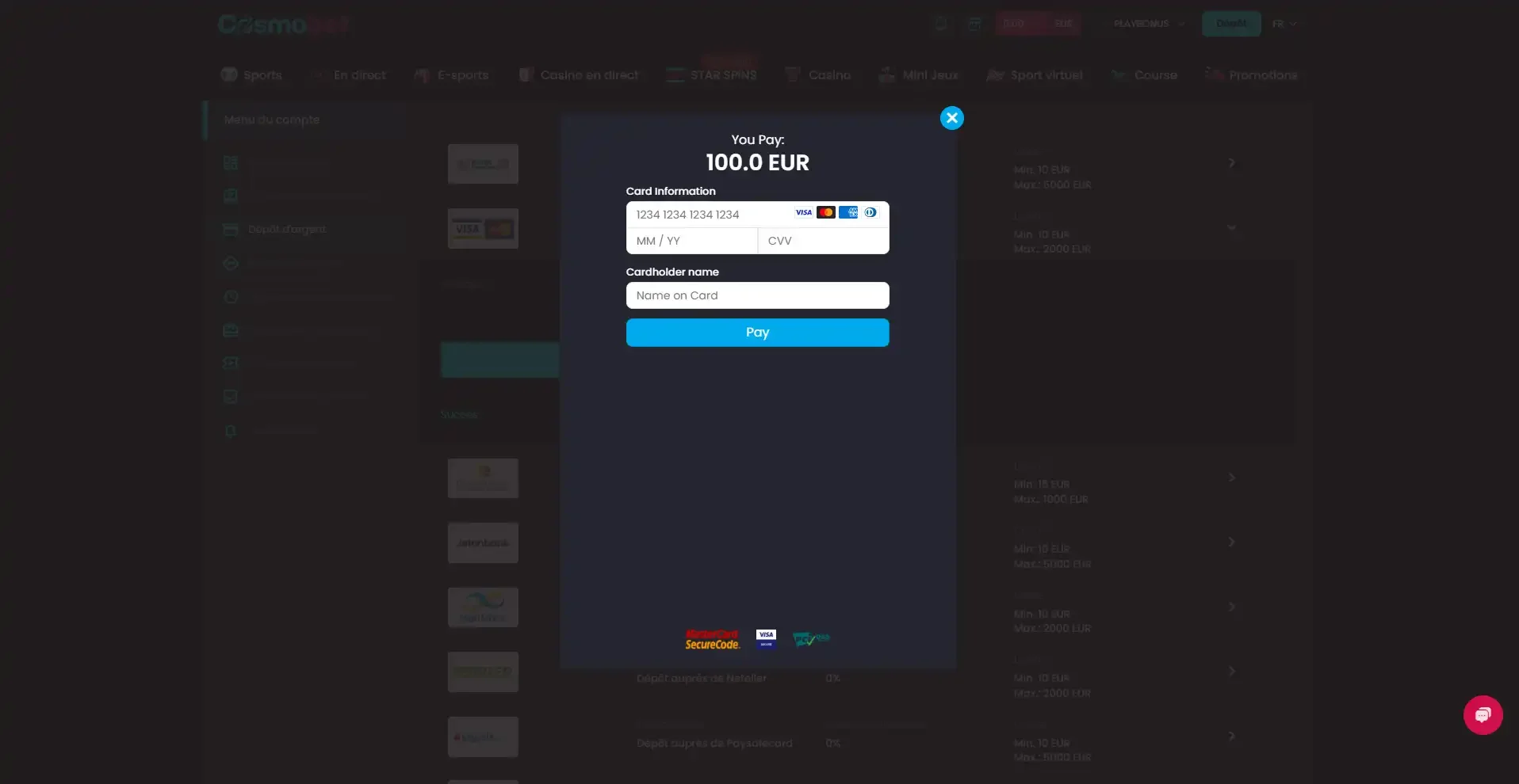 Etape num&eacute;ro trois pour d&eacute;poser sur cosmobet casino
