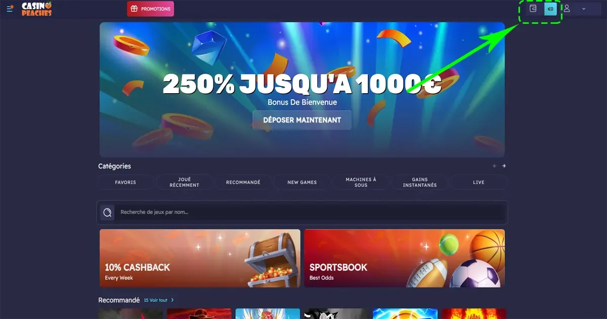 Fl&egrave;che indiquant le bouton d&eacute;poser sur le casino peaches