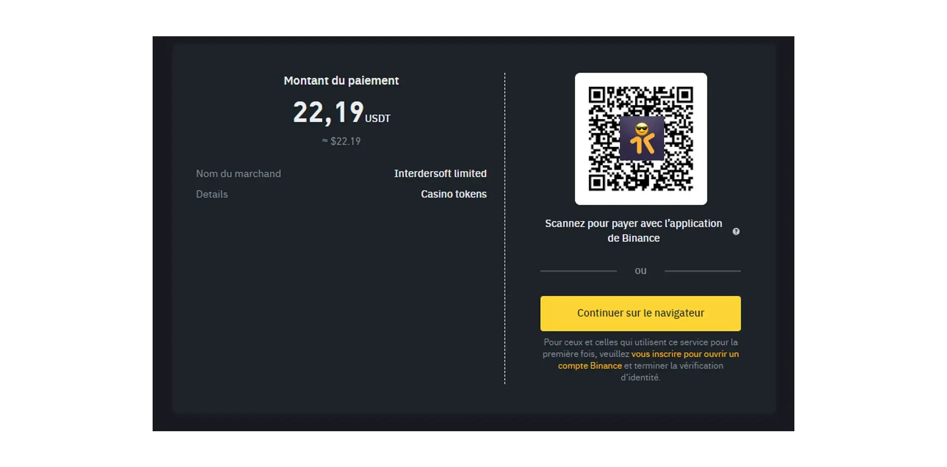 Paiement en USDT via Binance avec QR code pour d&eacute;p&ocirc;t sur un casino en ligne