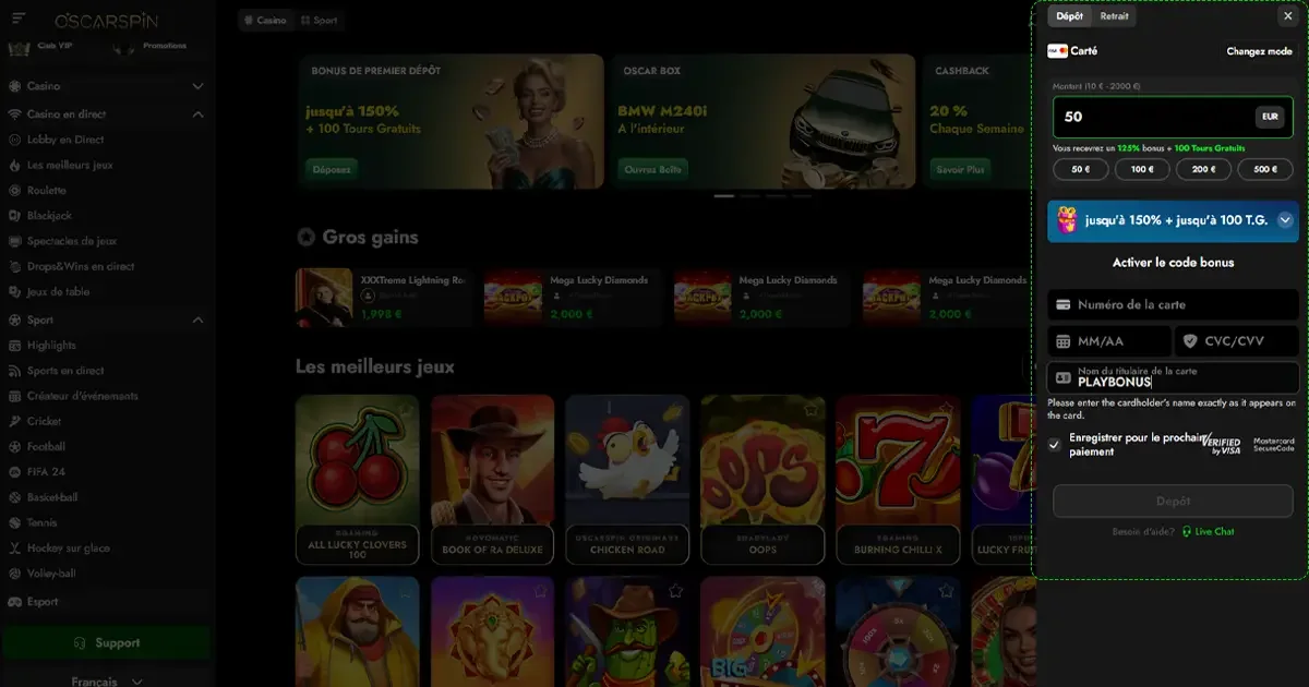 Formulaire de d&eacute;p&ocirc;t sur OscarSpin avec saisie de carte bancaire et bonus de 150 % jusqu&rsquo;&agrave; 100 tours gratuits