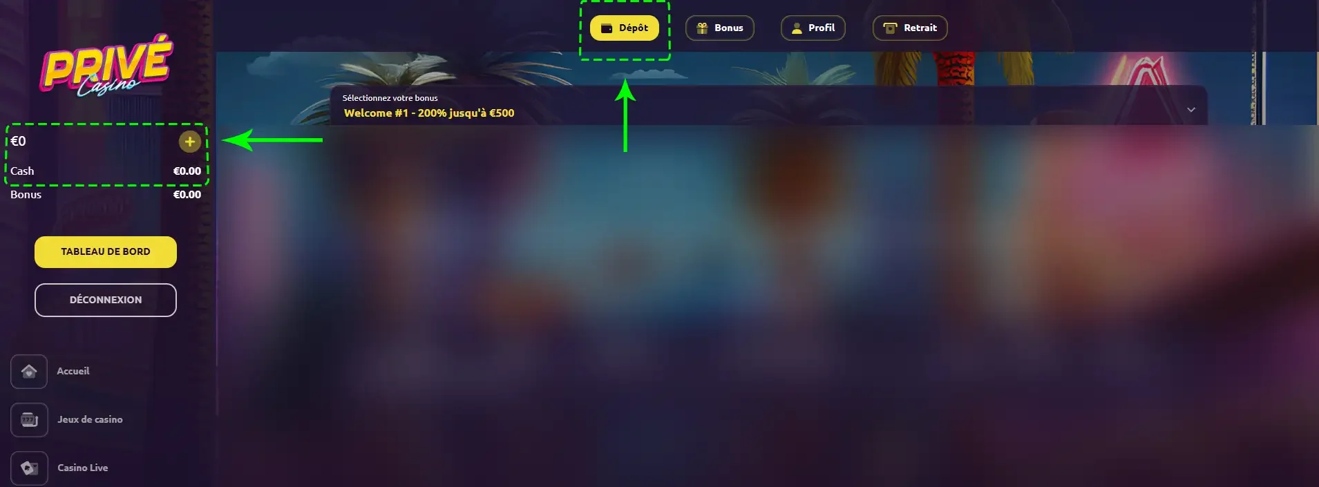 Boutons pour d&eacute;poser sur le casino en ligne privecasino