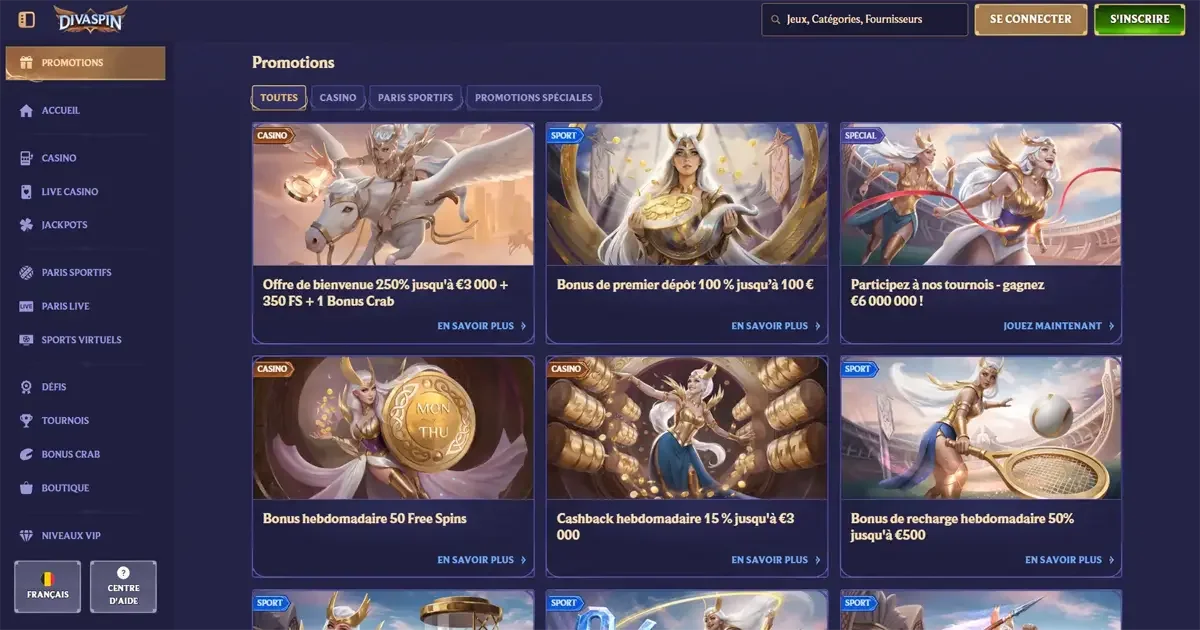 Promotions Divaspin Casino avec bonus de bienvenue jusqu&rsquo;&agrave; 3000 &euro;, 350 free spins, cashback hebdomadaire, bonus de d&eacute;p&ocirc;t et tournois jusqu&rsquo;&agrave; 6 millions d&rsquo;euros