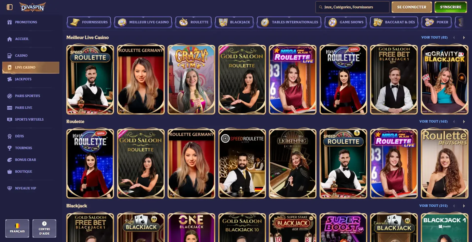 Les jeux en direct du casino Divaspin