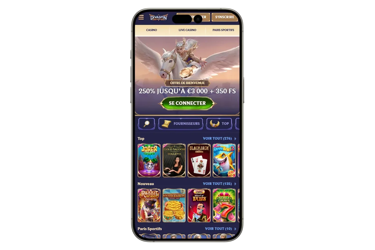 Interface mobile du casino en ligne Divaspin avec bonus de bienvenue de 3000 euros et 350 free spins
