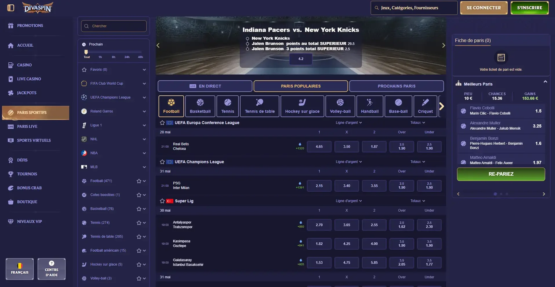 Section paris sportifs de Divaspin Casino avec cotes en direct sur la Ligue des Champions, la NBA, la Ligue 1 et d&rsquo;autres comp&eacute;titions populaires