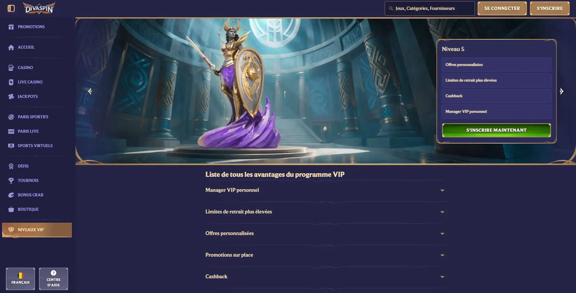 Programme VIP de Divaspin Casino avec manager personnel, limites de retrait augment&eacute;es, cashback et offres personnalis&eacute;es pour les joueurs fid&egrave;les