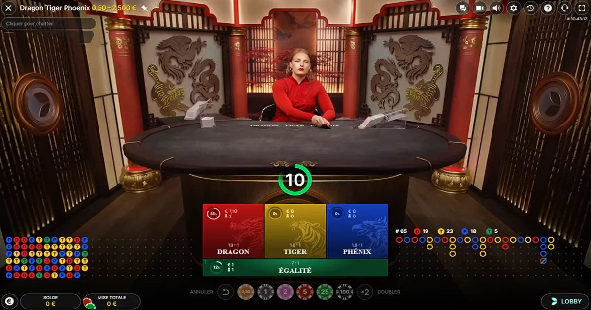 Dragon Tiger Phoenix Live &ndash; table de jeu Evolution Gaming avec croupi&egrave;re en direct et options de mise Dragon, Tigre, Ph&eacute;nix ou &Eacute;galit&eacute;