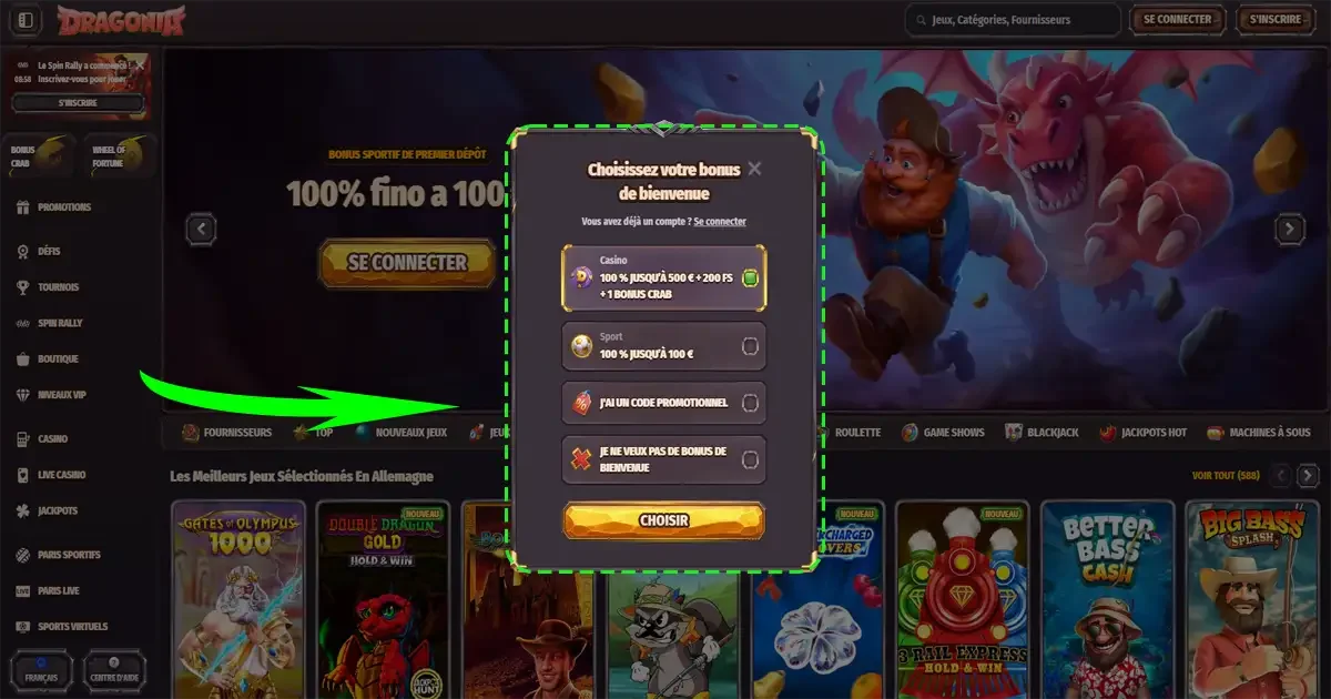 Choix du bonus avant de s'inscrire sur le casino en ligne Dragonia
