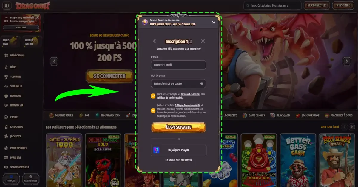 Formulaire d&rsquo;inscription Dragonia Casino &eacute;tape 1 avec email, mot de passe et validation des conditions