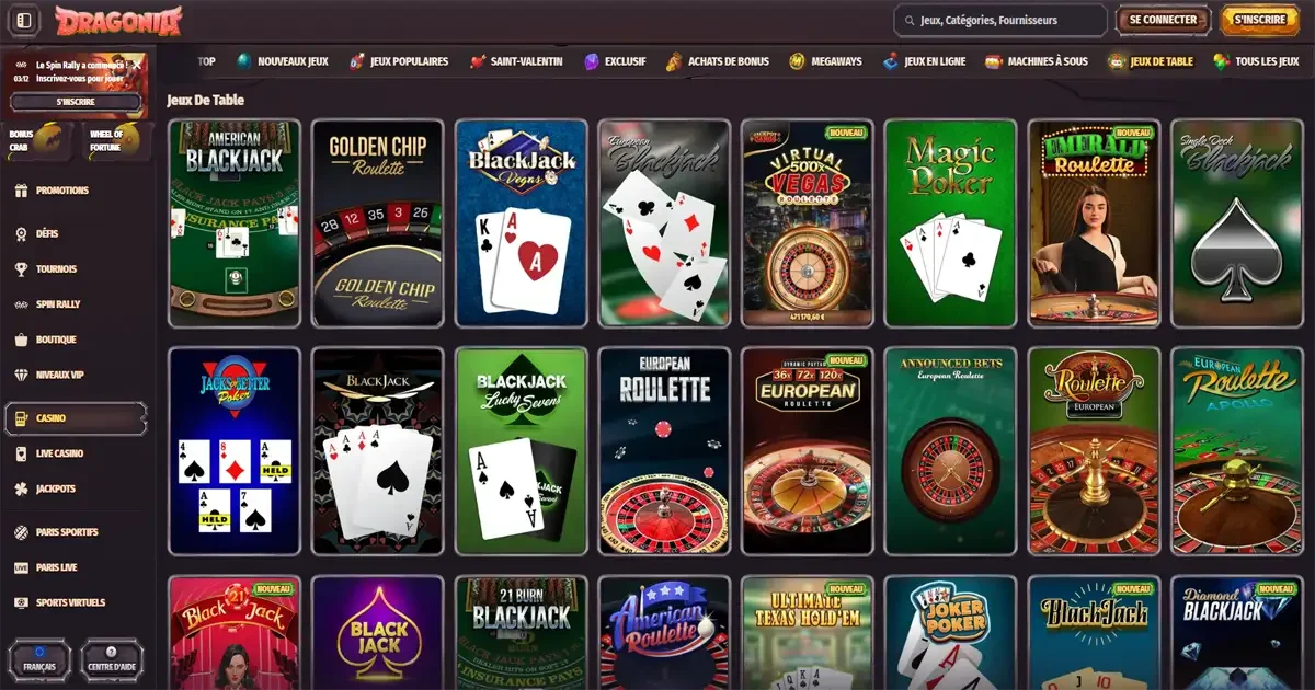 Jeux de table Dragonia Casino avec blackjack, roulette europ&eacute;enne, poker en ligne et variantes de casino classiques