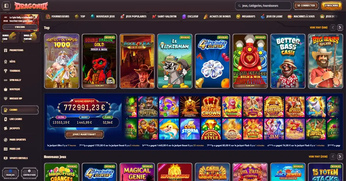 Page casino Dragonia avec machines &agrave; sous populaires, jackpot Wonderpot progressif, nouveaux jeux et top slots en ligne